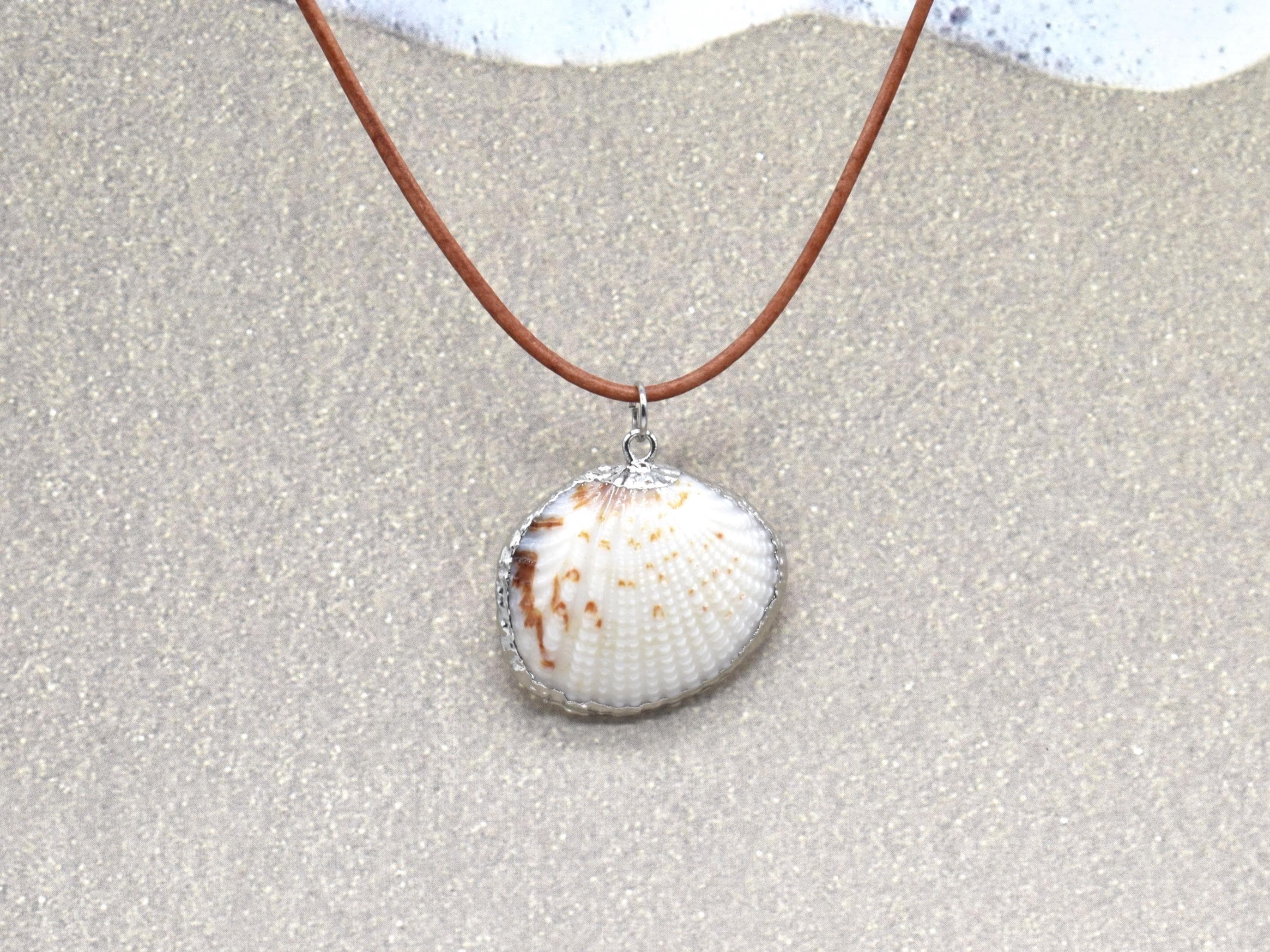 Silver Highlighted Sea Shell Necklace: Leather Cord, Beach Jewelry