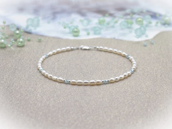 Freshwater Pearl Anklet - Something Blue Crystal and Pearl Bridal Ankle Bracelet with Sterling Silver