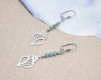 Seashell and Crystal Earrings - Beautifully detailed seashells hangs from stainless steel lever back earrings with aqua crystal bead accents