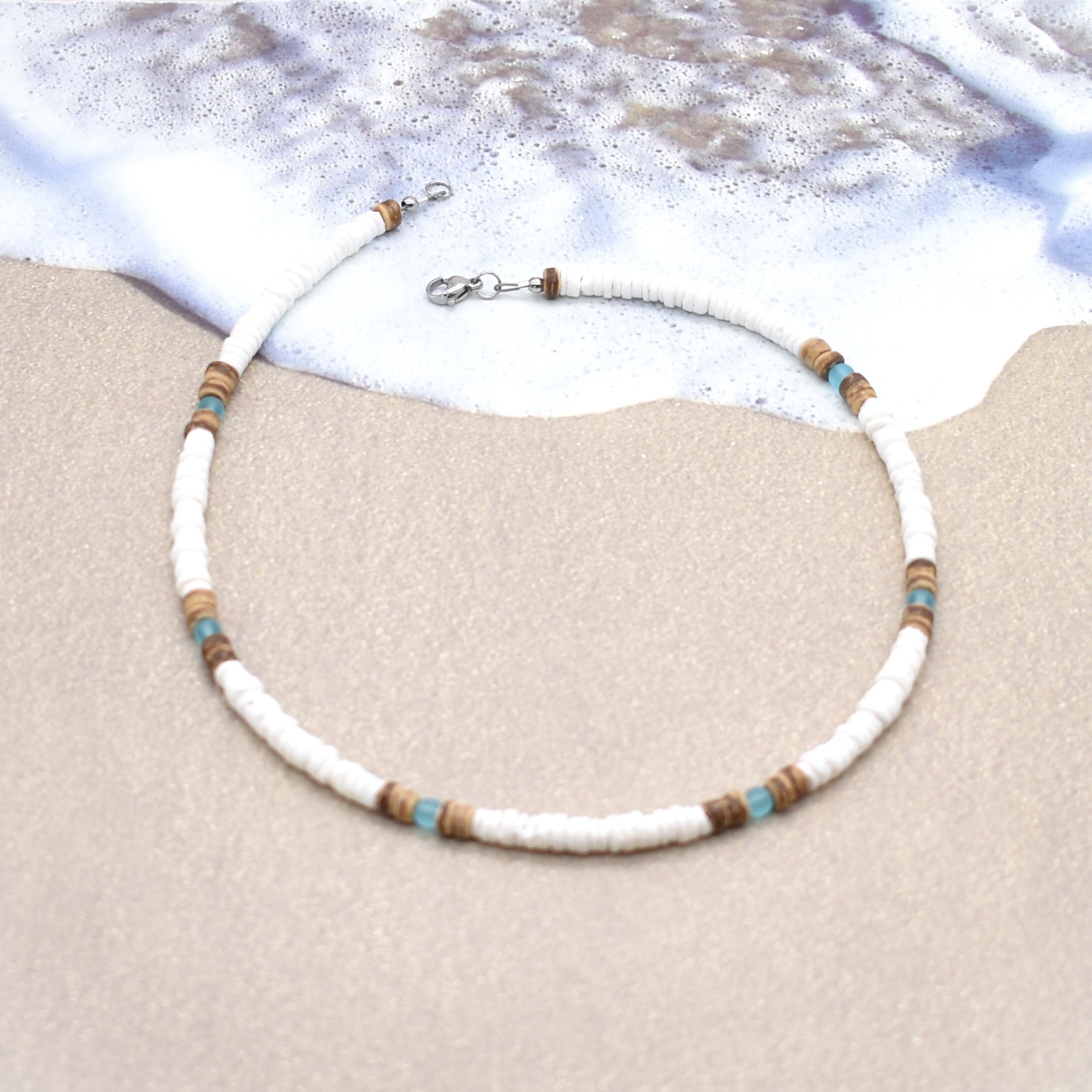 Unisex Puka Shell Necklace: Blue Sea Glass & Coconut Wood