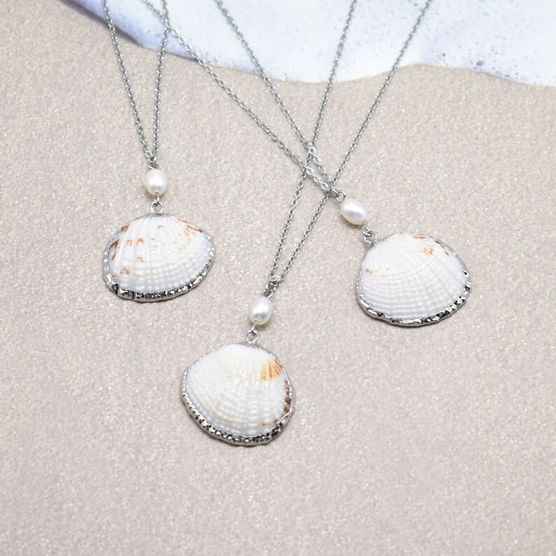 Seashell and Pearl Necklace on 18 Inch Stainless Steel Chain Pretty Sea