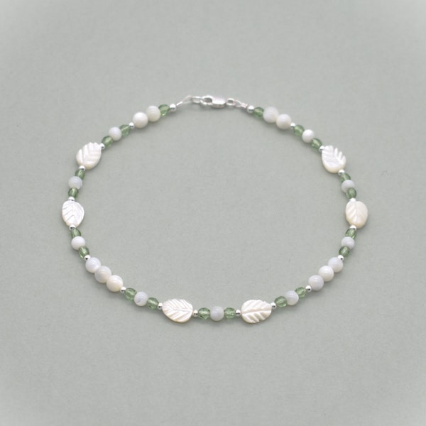 Anklet - Mother of Pearl Leaf Anklet with Sterling Silver and Green Crystal Accents