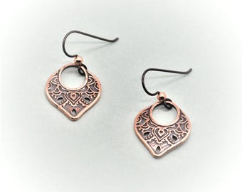 Copper Filigree Temple Earrings: Hypoallergenic Niobium Ear Wires