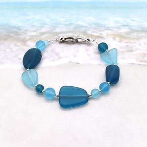 Aqua Blue Sea Glass Bracelet - Sterling Silver Accent Beads, Fish Hook Clasp