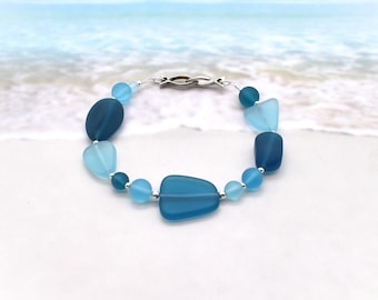 Aqua Blue Sea Glass Bracelet - Sterling Silver Accent Beads, Fish Hook Clasp
