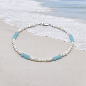 Anklet - Blue Seafoam Sea glass and Mother of Pearl with Sterling Silver Accents - Surfer Beach Anklet - Beach glass anklet-  Blue Sea glass