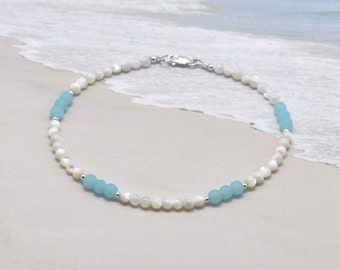 Anklet - Blue Seafoam Sea glass and Mother of Pearl with Sterling Silver Accents - Surfer Beach Anklet - Beach glass anklet-  Blue Sea glass