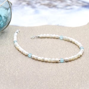Seafoam Sea Glass Anklet: Sterling Silver & Mother of Pearl Beach Jewelry
