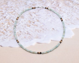 Choker Necklace - Blue Amazonite Gemstones, Wood, Sterling Silver -  Beach Surfer Choker Necklace - Beach Girl Gift - Surfer Gift - Mom