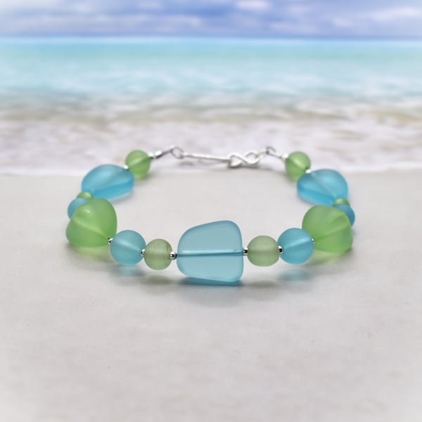 Aqua Blue and Seafoam Green Beach Glass Bracelet with Sterling Silver Accents -  Sea Glass Bracelet