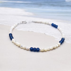 Dark Blue Sea Glass Anklet: Sterling Silver & Mother of Pearl