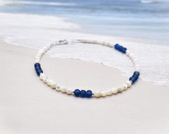 Dark Blue Sea Glass Anklet: Sterling Silver & Mother of Pearl