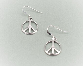 Peace Sign Sterling Silver Earrings - Peace Sign Charms hang from French Ear Wires with Wrap Detail