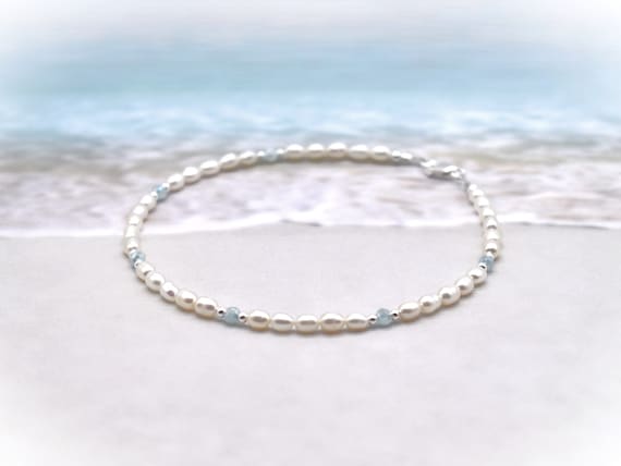 Pearl Anklet: Sterling Silver, Soft Blue Crystal - Something Blue