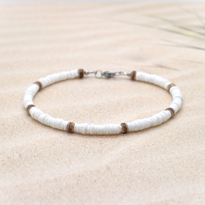 Puka Shell Anklet or Bracelet with Coconut Wood Beads - Traditional Surfer Style - Choose 7 to 11 inch - Gift for Birthday - Gift under 30.