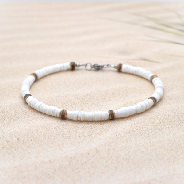 Puka Shell Anklet with Coconut Wood Accent Beads.  Surfer Beach Anklet.