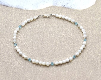 Anklet Mother of Pearl Beads Blue Crystals and Sterling Silver 9 inches or 10 inches Beach Anklet Something Blue Bridal Anklet Beach Wedding