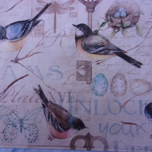 Bird Table Runner, Nests Butterflies Keys Script, Cottage Spring Farmhouse Decor