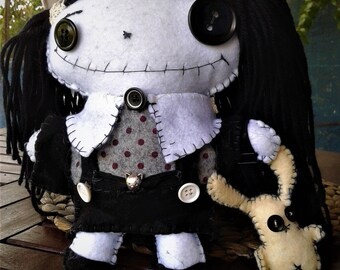 doll goth doll dark halloween creepy rag with little rabbit. handmade - unique piece -