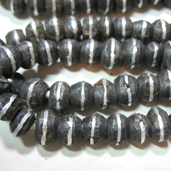 African Ebony Wood Beads with Silver Inlay 6x10mm, Handmade Wood Beads 10 pc or 8"