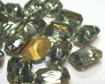 Vintage Czech Glass Smoky Gray 8x6mm Octagon 12 pcs, Gold Foiled Back