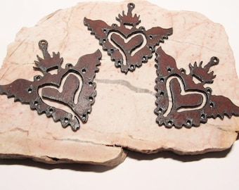 Rusted Iron Winged Milagro Heart 3" Pendant, Ornament, Patina Metal