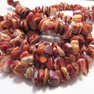 May include: Strands of reddish-brown and cream-colored gemstone beads. The beads are irregularly shaped and appear to be polished. The beads are strung together, forming a necklace or bracelet.