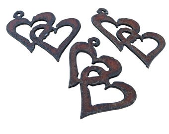 Rusted Iron Double Heart 2 1/4" Pendant One pc, Patina Metal