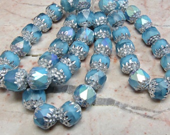 Czech Glass Cathedral Beads, AB Sky Blue Silver Caps 6mm - 8mm