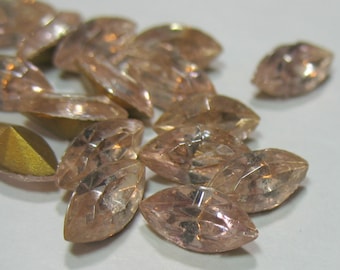 Vintage Glass Rhinestones Light Pink Navette 4x8mm 12 pcs, Gold Foiled Back