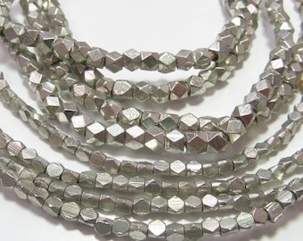Silver Brass Faceted Square Cube Beads 8" Strand 3mm-4mm