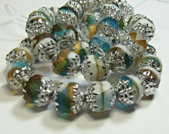 Czech Glass Cathedral Beads 6mm - 8mm, Blue White Yellow, Silver Finish