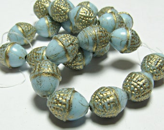 Czech Glass Acorn 10x12mm Beads Sky Blue & Gold 8 pcs