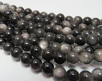 Silver Obsidian 8mm Round 2mm Large Hole Beads 8" Strand, Big Hole Bead