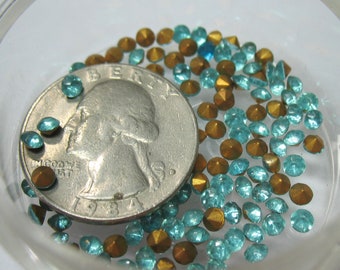 36 Vintage Aqua Blue Chaton SS12 3.2mm Round Gold Foil Back, Czech Rhinestone