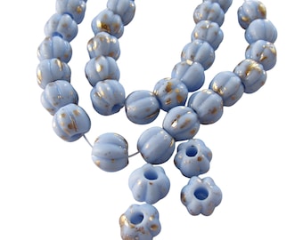 Large Hole Czech Glass Melon Beads, Blue with Gold 6mm, 8mm
