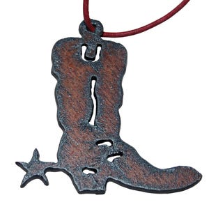 Rusted Iron Cowboy Boot & Spur 2.5" Pendant, Patina Metal, Rustic Charm