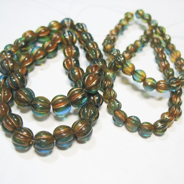 Large Hole Czech Glass Melon Beads 8mm - 6mm Teal & Amber w/Gold Wash