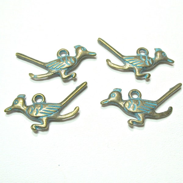 Four (4) Green Bronze Roadrunner Charms, Bird Charms 12x28mm, Patina Metal Charm Bead