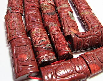 Natural Red Jasper Carved Rectangle 20x38mm Beads