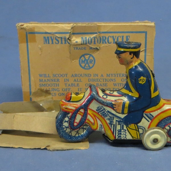 Rare Vintage 1936 Tin Litho Louis Marx MYSTIC MOTORCYCLE w/Key & Box EXC