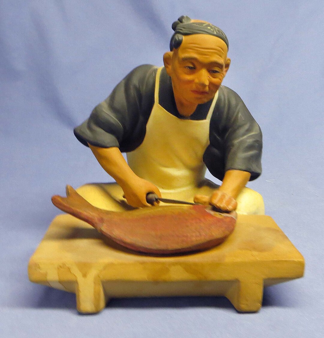 Rare Vintage Japanese HAKATA URASAKI Clay Doll Chef Preparing Fish