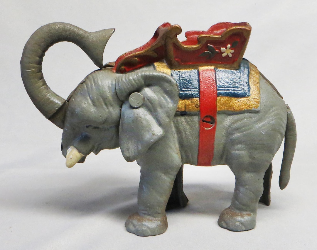 Vintage Cast Iron Circus Elephant Mechanical Coin Bank Moving Trunk ...