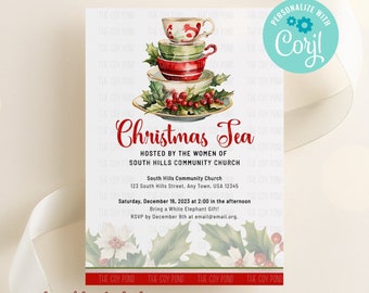 May include: Holiday tea party invitation featuring a stack of teacups and saucers with holly and berry accents. The invitation includes the text "Christmas Tea" and event details. The design is set against a soft, off-white background.
