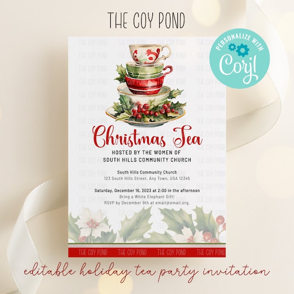 Christmas Tea Party Invitation, Holiday Tea, Template, Personalized Printable, Instant Download, Corjl, Editable, Floral, teacup 5x7