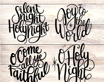 May include: Black script designs of Christmas carols, including "Silent Night, Holy Night," "Joy to the World," "O Come All Ye Faithful," and "O Holy Night." The image includes file format information and the text "optimized for craft cutters!"