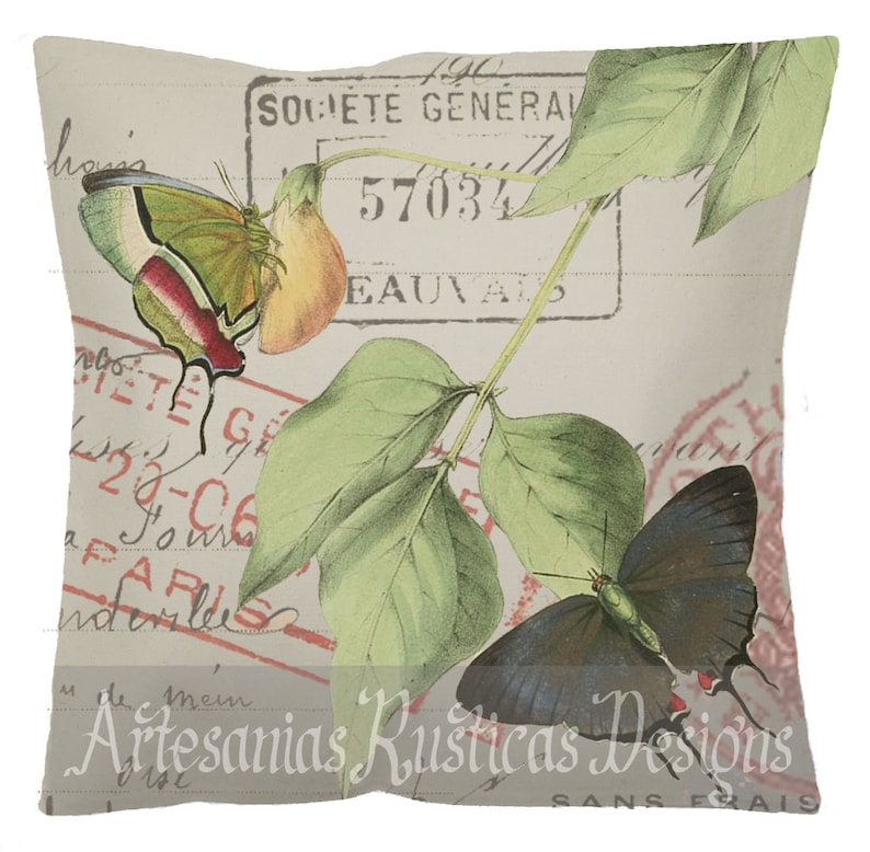 French Pillow Cover 100/% Cotton Canvas /& Burlap Butterflies Flower on Vintage French Script Stamps Decorative Throw Pillow Cover Euro Sham