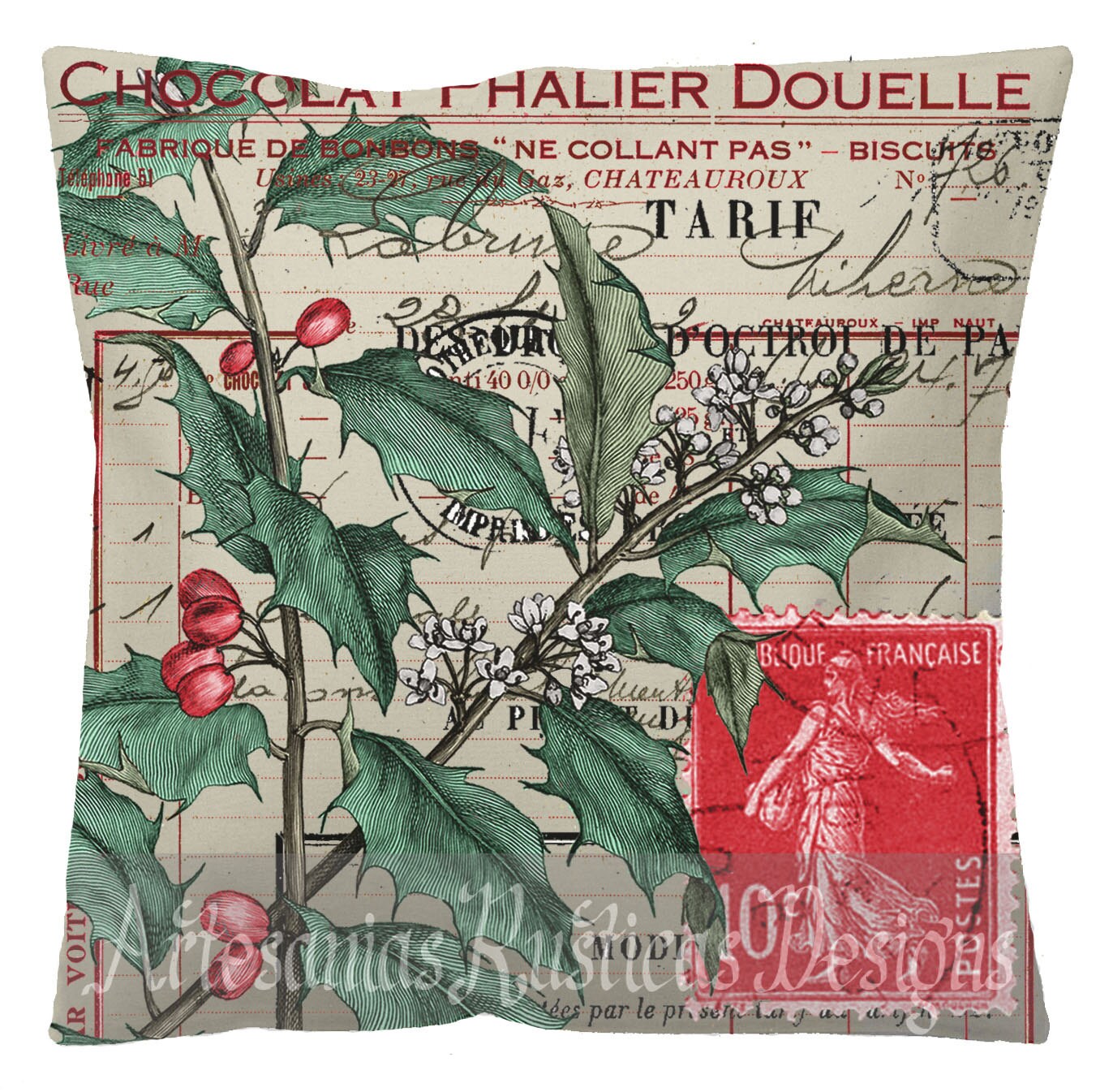 Christmas Pillow Cover Vintage Holly French Document Script Etsy