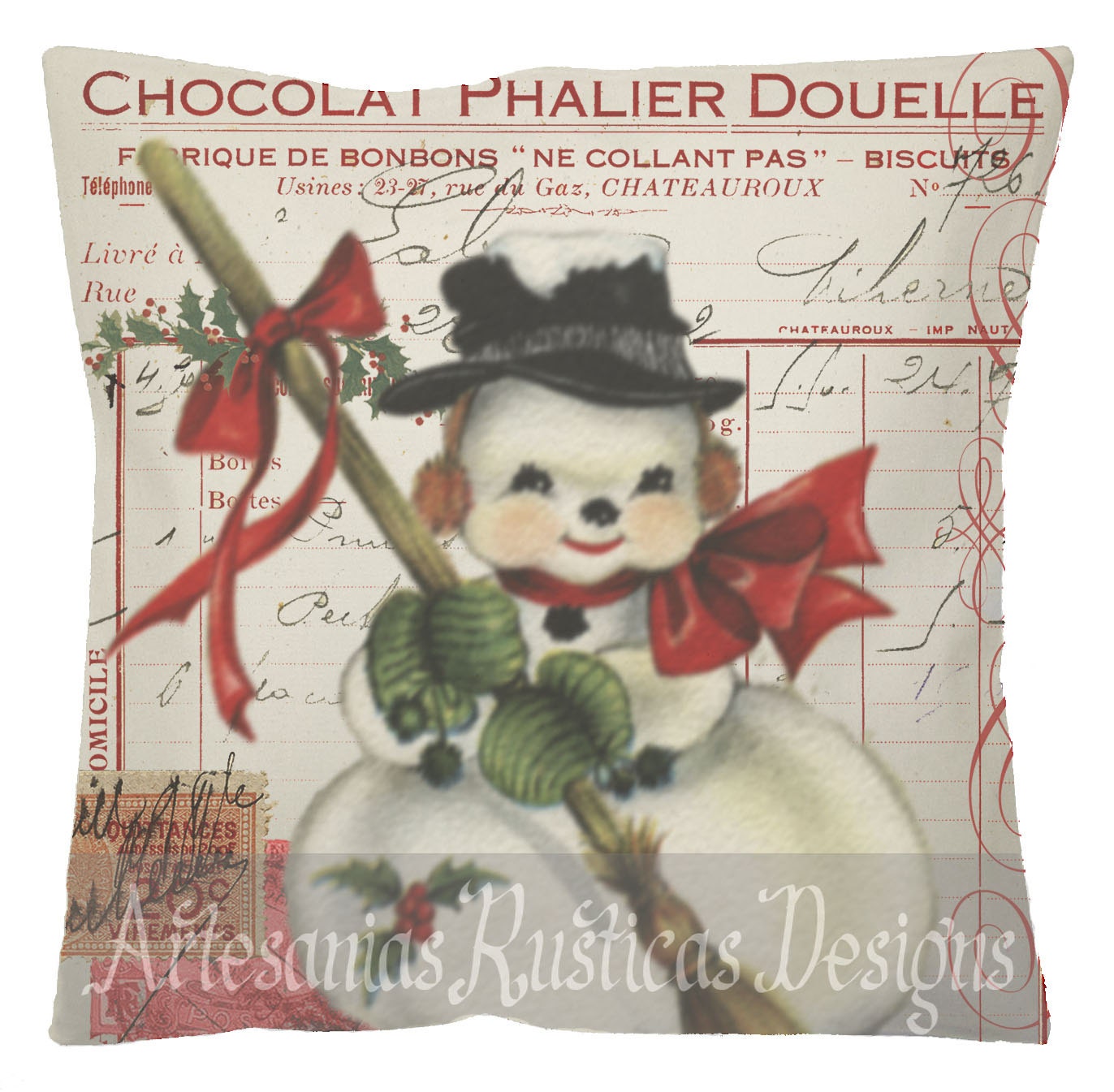 Christmas Pillow Cover Retro Snowman French Script Stamps Etsy