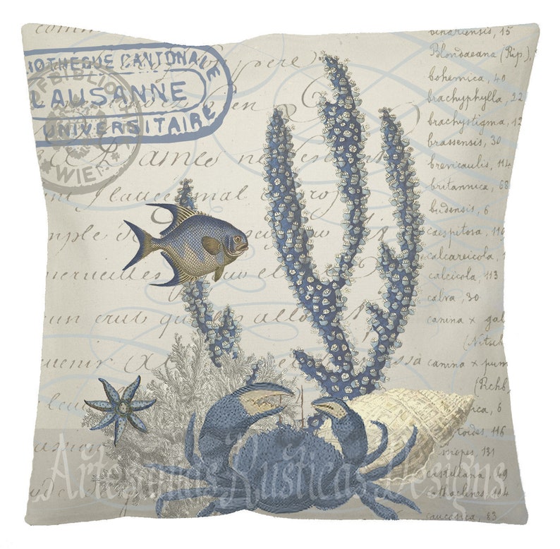 French Pillow Cover 100/% Cotton Canvas Burlap Blue Coral Crab and Fish Coastal Beach French Script Throw Pillow Cover Euro Sham